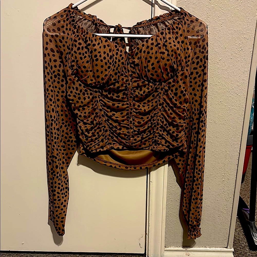 Black and Brown Ruched Long Sleeve Blouse
